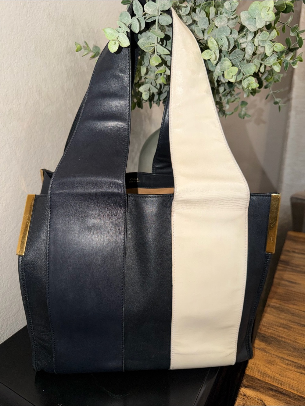 CHLOE Color Block Black and Cream Leather Tote - Picture 2 of 15